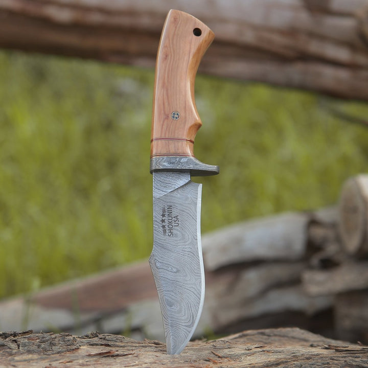 Avatar Damascus Bowie - Avatar Damascus Hunting Knife with Exotic Olive Wood Handle - Shokunin USA