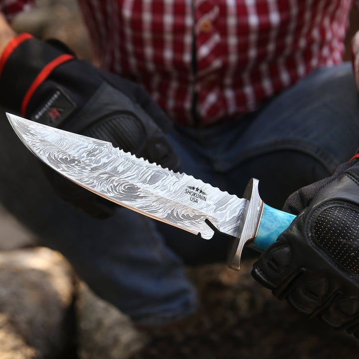 Behemoth Steel Knife - Behemoth 7.0" Damascus Steel Handmade Hunting Knife with Bone Handle - Shokunin USA