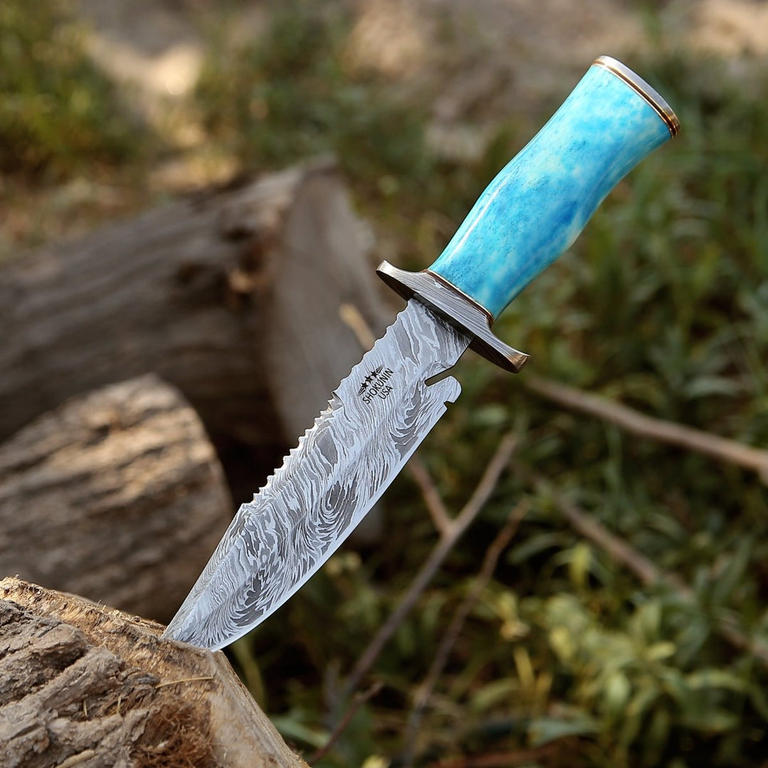 Behemoth Damascus Knife - Behemoth 7.0" Damascus Steel Handmade Hunting Knife with Bone Handle - Shokunin USA