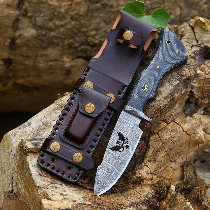 handcrafted damascus knives - Black Reaper 1095 Damascus Hunting Knife with Stained Hardwood Handle &amp; Leather Sheath - Shokunin USA