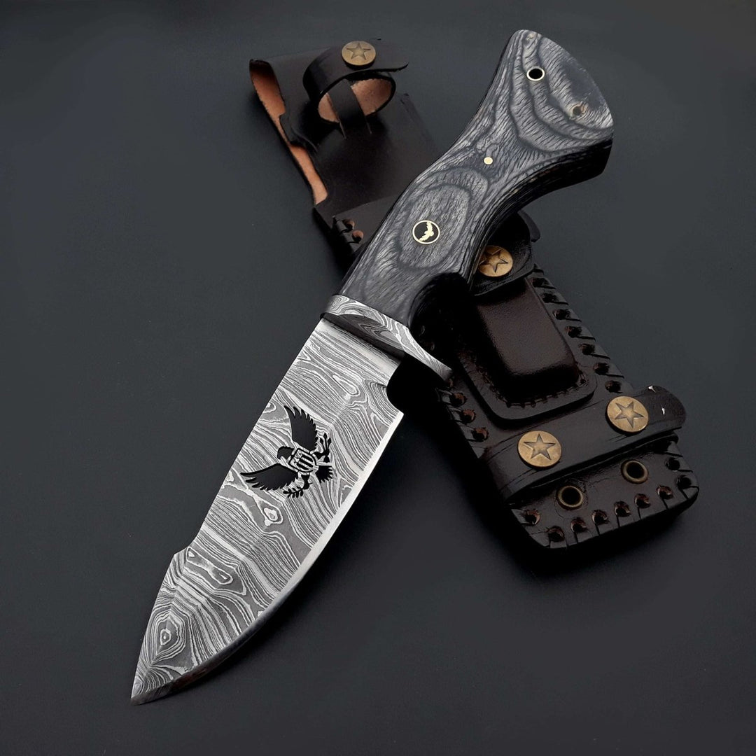 custom engraved knives - Black Reaper 1095 Damascus Hunting Knife with Stained Hardwood Handle &amp; Leather Sheath - Shokunin USA