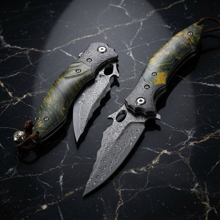 Blackbird Japanese Knife - Blackbird Japanese EDC Pocket Knife with Stained Maple Burl Wood Handle - Shokunin USA