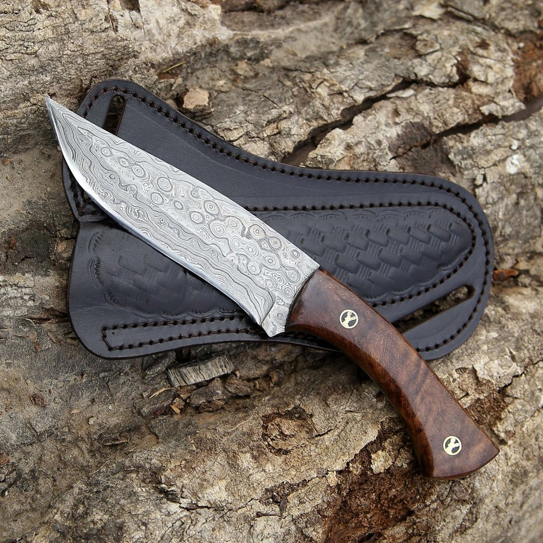 personalized knives - Bloodhound Handmade Damascus Steel Hunting Knife with Rosewood Handle &amp; Leather Sheath - Shokunin USA