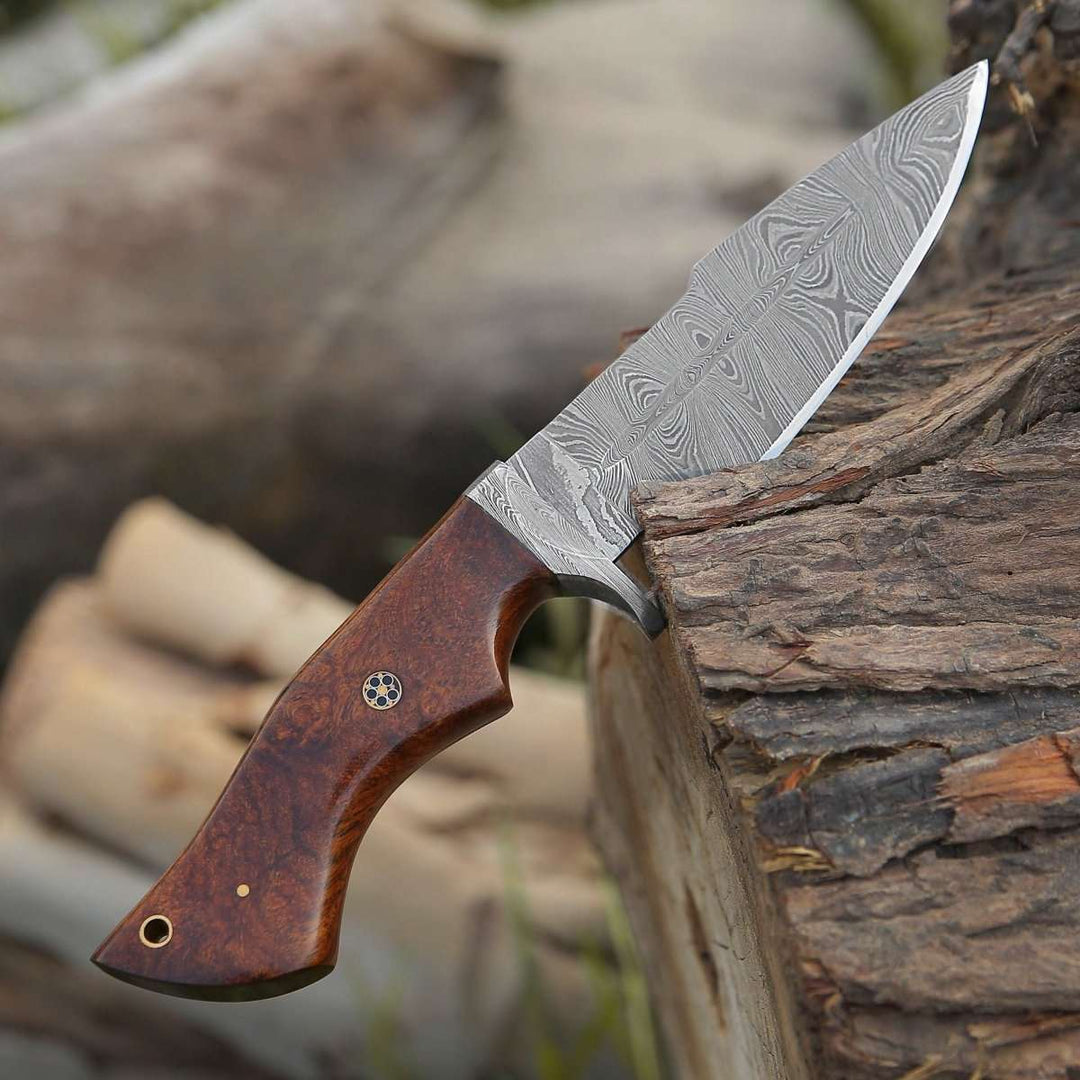 blade bolt knife - Bolt Damascus Custom Hunting Knife with Rose Wood Handle &amp; Leather Sheath - Shokunin USA