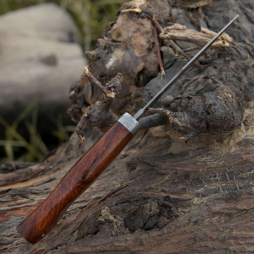 Bolt Damascus Bowie - Bolt Damascus Custom Hunting Knife with Rose Wood Handle &amp; Leather Sheath - Shokunin USA
