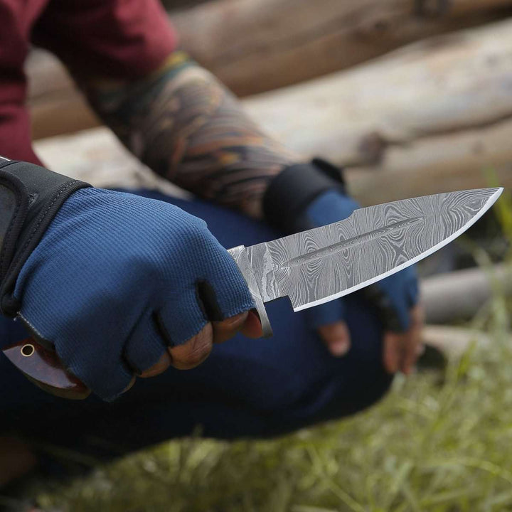 Bolt Damascus Sheath - Bolt Damascus Custom Hunting Knife with Rose Wood Handle &amp; Leather Sheath - Shokunin USA