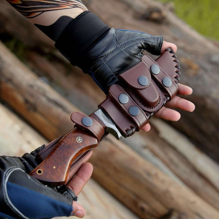 Bolt Damascus knives - Bolt Damascus Custom Hunting Knife with Rose Wood Handle &amp; Leather Sheath - Shokunin USA