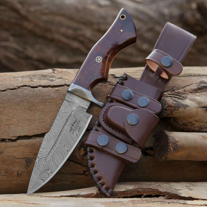 bolt knives - Bolt Damascus Custom Hunting Knife with Exotic Rose Wood Handle - Shokunin USA