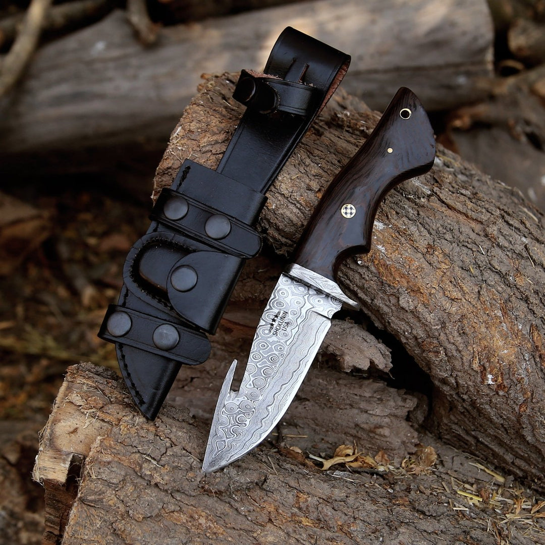 Captain Damascus Hunting Knife with Gut Hook & Exotic Wenge Wood Handle - Shokunin USA