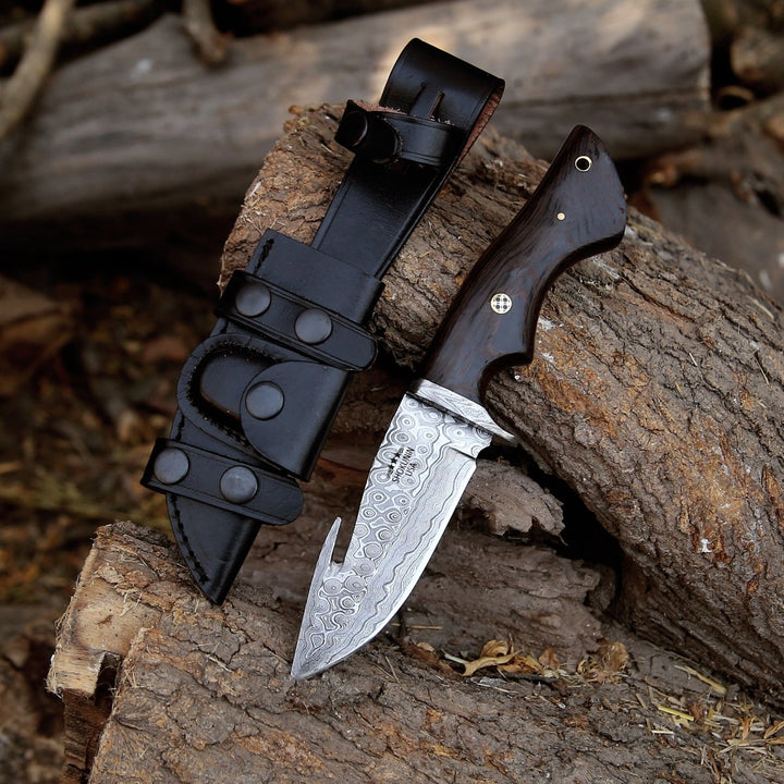 deer gut knife - Captain Damascus Hunting Knife with Gut Hook &amp; Exotic Wenge Wood Handle - Shokunin USA