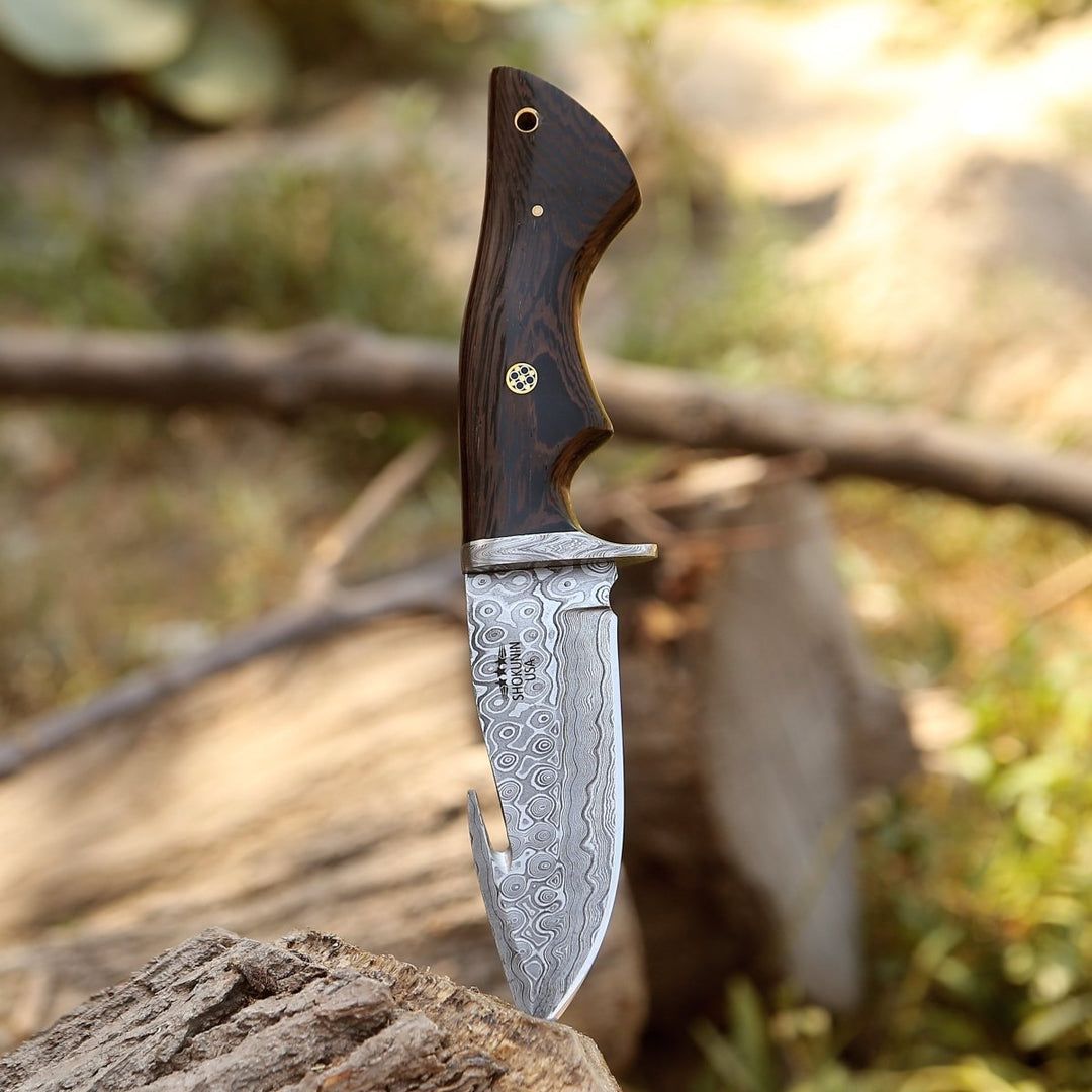 skinner knives - Captain Damascus Hunting Knife with Gut Hook &amp; Exotic Wenge Wood Handle - Shokunin USA