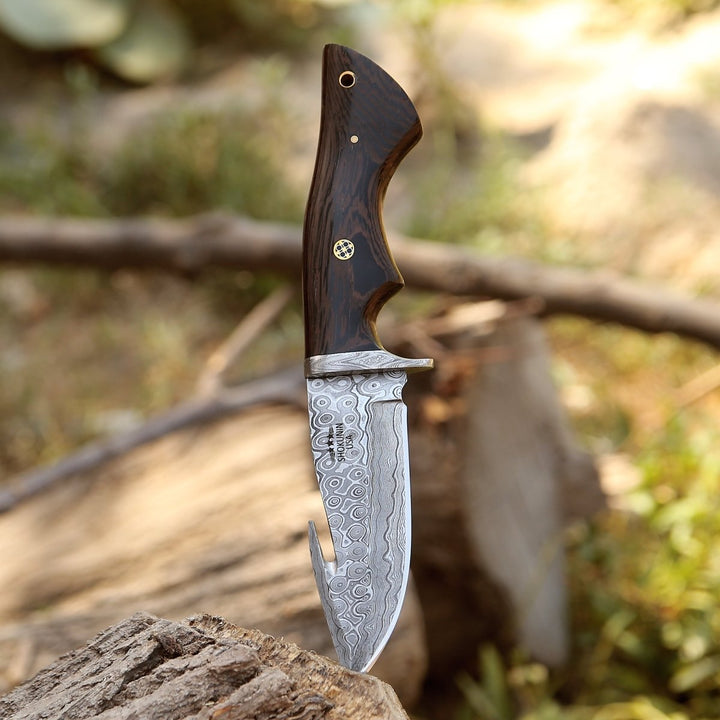 skinner knives - Captain Damascus Hunting Knife with Gut Hook &amp; Exotic Wenge Wood Handle - Shokunin USA