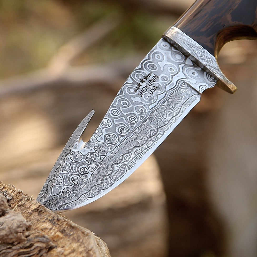 Captain Hunting Knife - Captain Damascus Hunting Knife with Gut Hook &amp; Exotic Wenge Wood Handle - Shokunin USA
