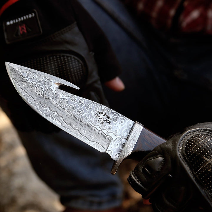 Captain Knife Handle - Captain Damascus Hunting Knife with Gut Hook &amp; Exotic Wenge Wood Handle - Shokunin USA