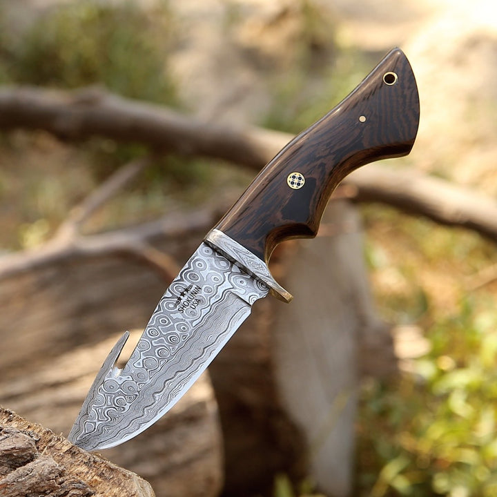 gut hook knife - Captain Damascus Hunting Knife with Gut Hook &amp; Exotic Wenge Wood Handle - Shokunin USA