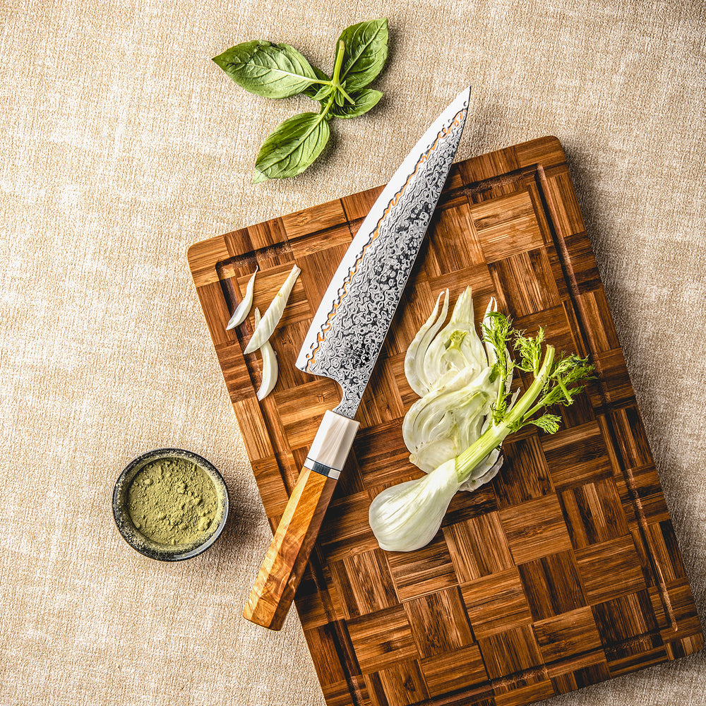 Chef knife - Raiden Handmade Japanese Chef Knife - 8.0" VG10, 1095 & Copper Damascus Steel Blade, Exotic Rosewood Burl Composite Handle - Shokunin USA