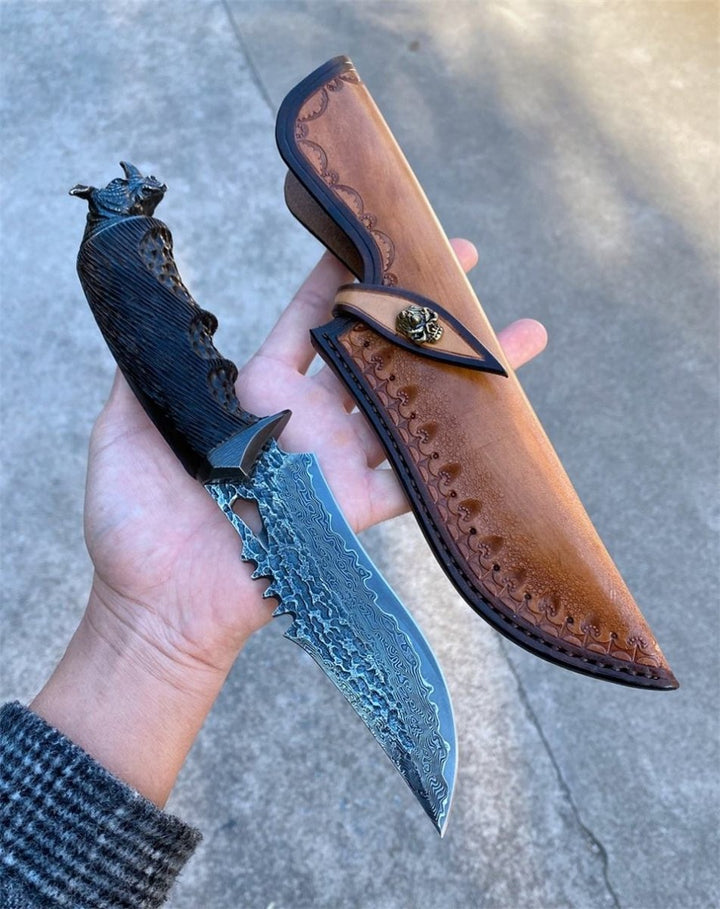 Chimera Damascus knives - Chimera VG10 Damascus Hunting Knife with Exotic Ebony Wood Handle - Shokunin USA