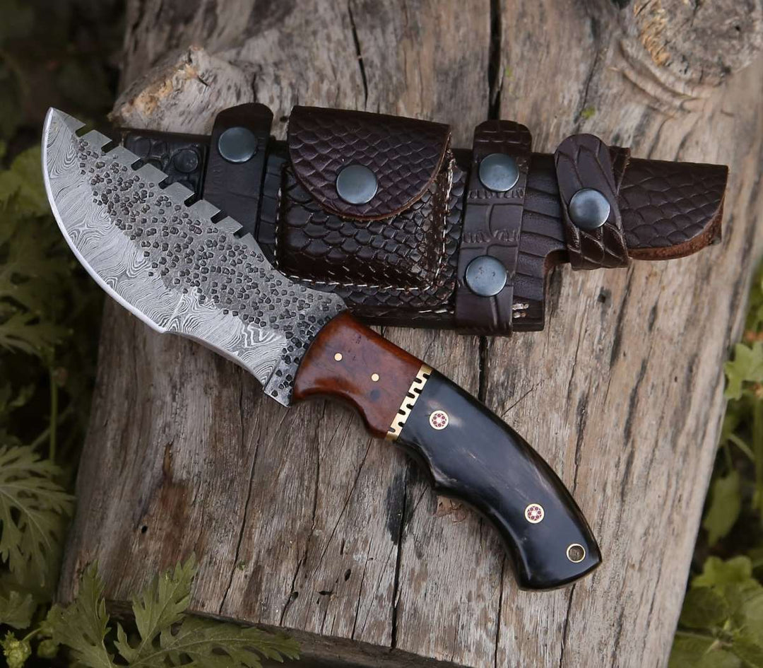 Crest Damascus Handle - Crest Damascus Tracker Knife with Exotic Rose Wood and Horn Handle - Shokunin USA