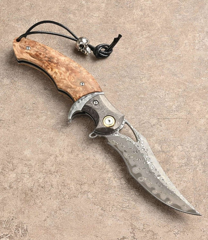 Crest Japanese Handle - Crest Japanese Damascus Pocket knife with Maple Burl Handle - Shokunin USA