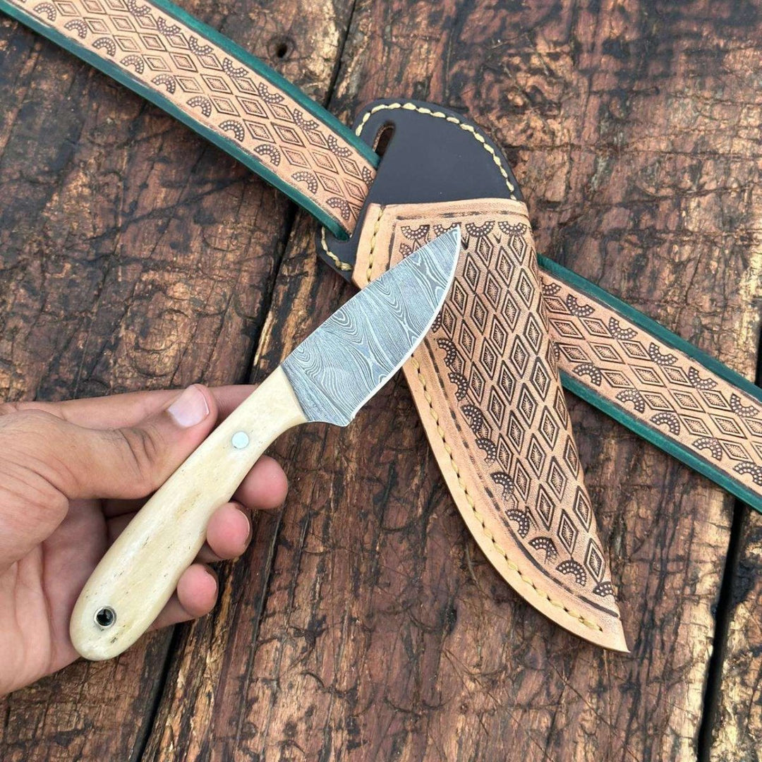 hunting knife handle - Dakota Damascus Skinner Knife with Hand tooled Sheath &amp; Belt - Shokunin USA