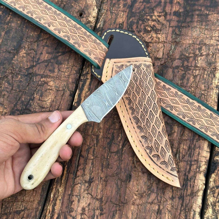 hunting knife handle - Dakota Damascus Skinner Knife with Hand tooled Sheath &amp; Belt - Shokunin USA