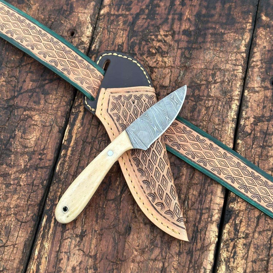 knife knives - Dakota Damascus Skinner Knife with Hand tooled Sheath &amp; Belt - Shokunin USA