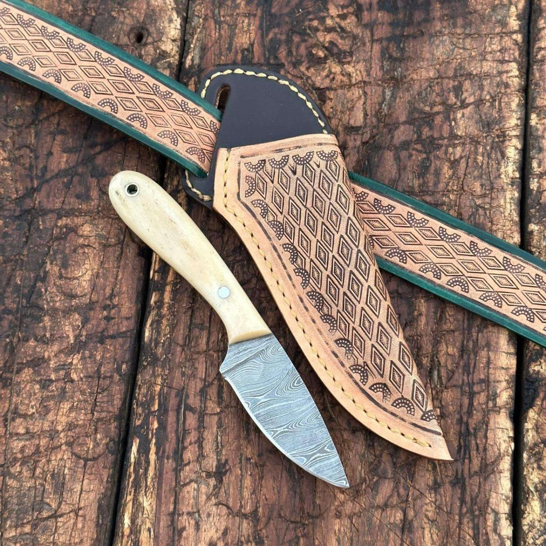 custom knife handles - Dakota Damascus Skinner Knife with Hand tooled Sheath & Belt - Shokunin USA