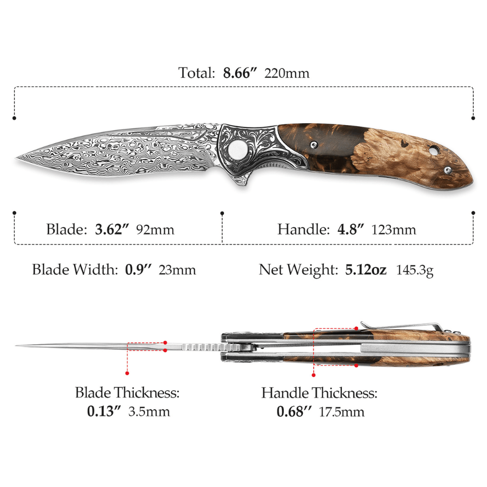 Demeter VG10 Knife - Demeter Japanese VG10 Damascus Pocket Knife with Exotic Olive Burl &amp; Resin - Shokunin USA