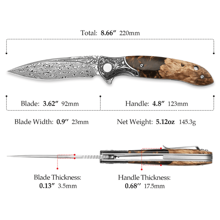 Demeter VG10 Knife - Demeter Japanese VG10 Damascus Pocket Knife with Exotic Olive Burl &amp; Resin - Shokunin USA