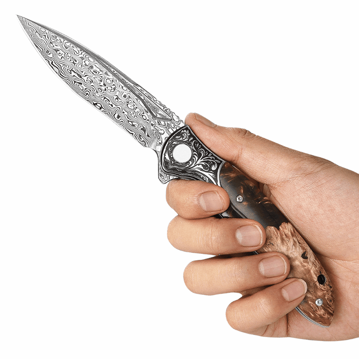 Demeter VG10 Damascus - Demeter Japanese VG10 Damascus Pocket Knife with Exotic Olive Burl &amp; Resin Handle - Shokunin USA