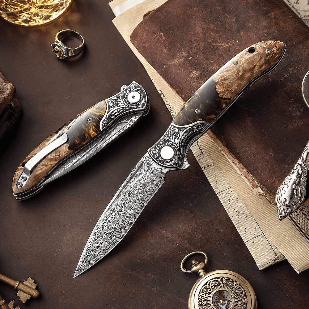 Demeter Japanese VG10 Damascus Pocket Knife with Exotic Olive Burl & Resin Handle - Shokunin USA