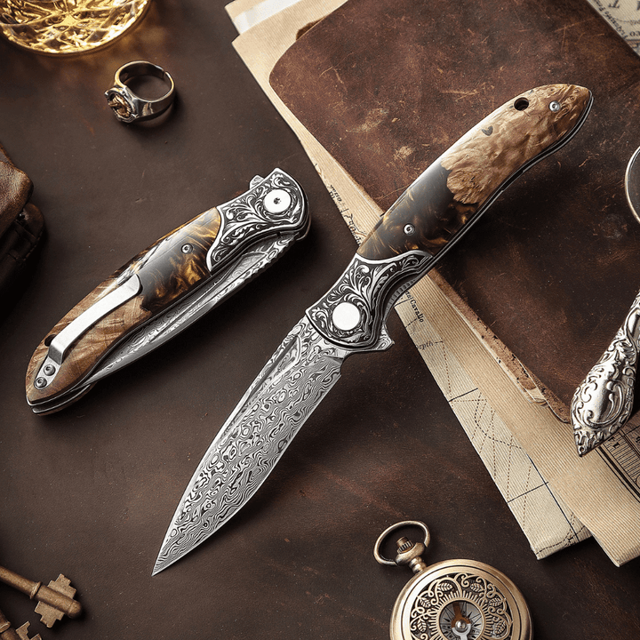 Demeter Japanese Damascus - Demeter Japanese VG10 Damascus Pocket Knife with Exotic Olive Burl &amp; Resin Handle - Shokunin USA
