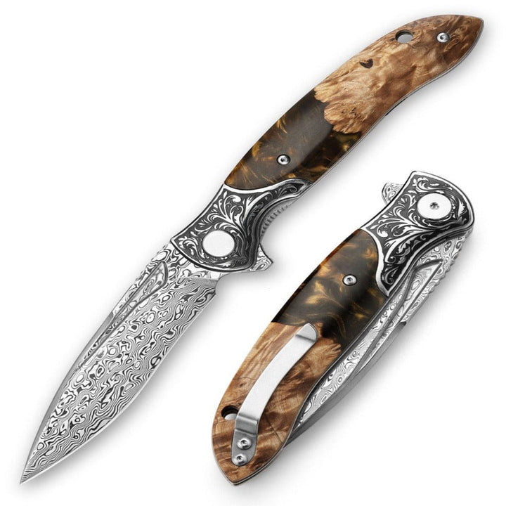 Demeter Japanese Knife - Demeter Japanese VG10 Damascus Pocket Knife with Exotic Olive Burl &amp; Resin - Shokunin USA