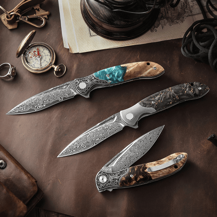 Demeter Japanese Handle - Demeter Japanese VG10 Damascus Pocket Knife with Exotic Olive Burl &amp; Resin - Shokunin USA
