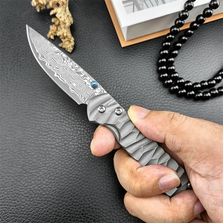 Diamond Japanese Damascus - Diamond Japanese EDC Pocket Knife with VG10 Damascus Blade, Titanium Handle &amp; Sheath - Shokunin USA