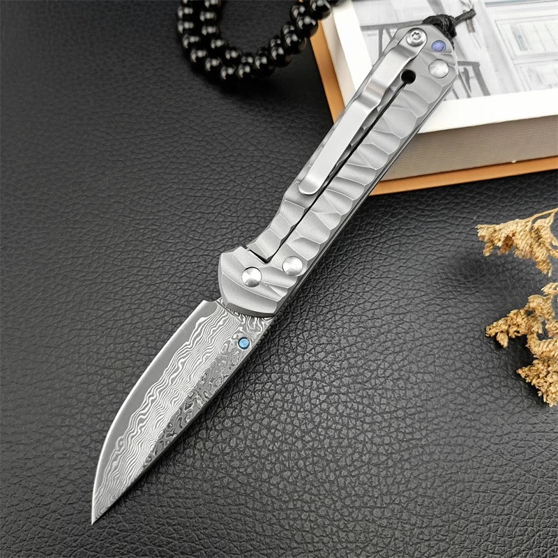 Diamond EDC Knife - Diamond Japanese EDC Pocket Knife with VG10 Damascus Blade, Titanium Handle - Shokunin USA
