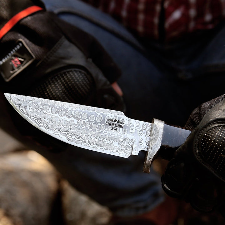 Dynasty Damascus Bowie - Dynasty Damascus Hunting Knife with Stacked Leather Handle - Shokunin USA