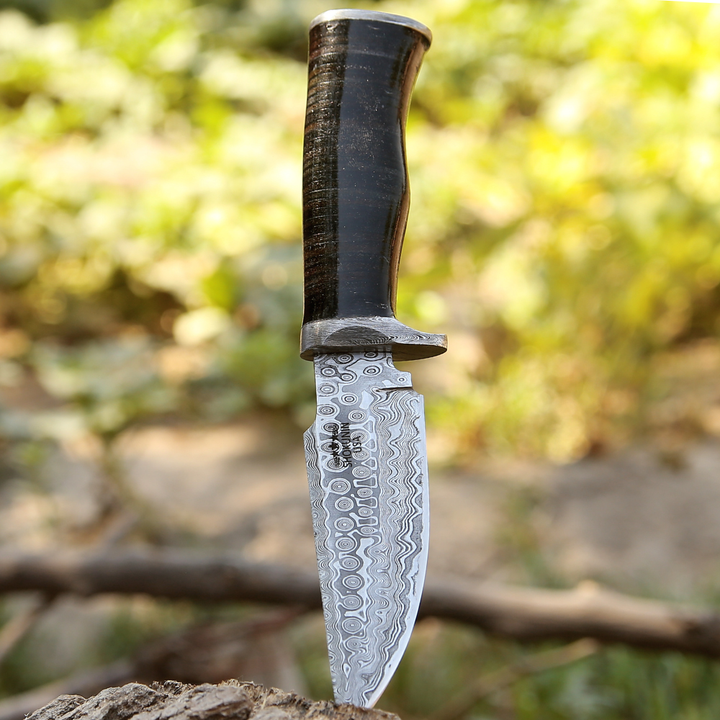 Dynasty Damascus Leather - Dynasty Damascus Hunting Knife with Stacked Leather Handle - Shokunin USA