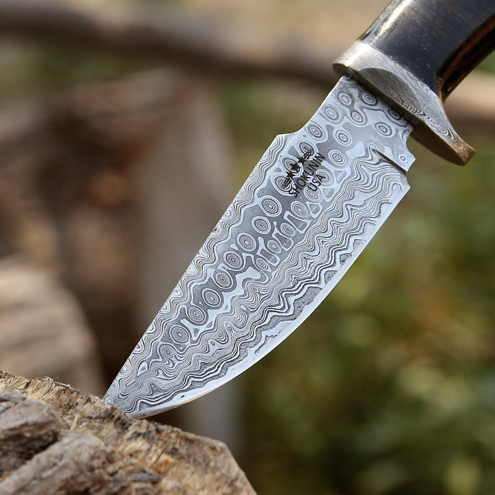 Dynasty Hunting Knife - Dynasty Damascus Hunting Knife with Stacked Leather Handle - Shokunin USA