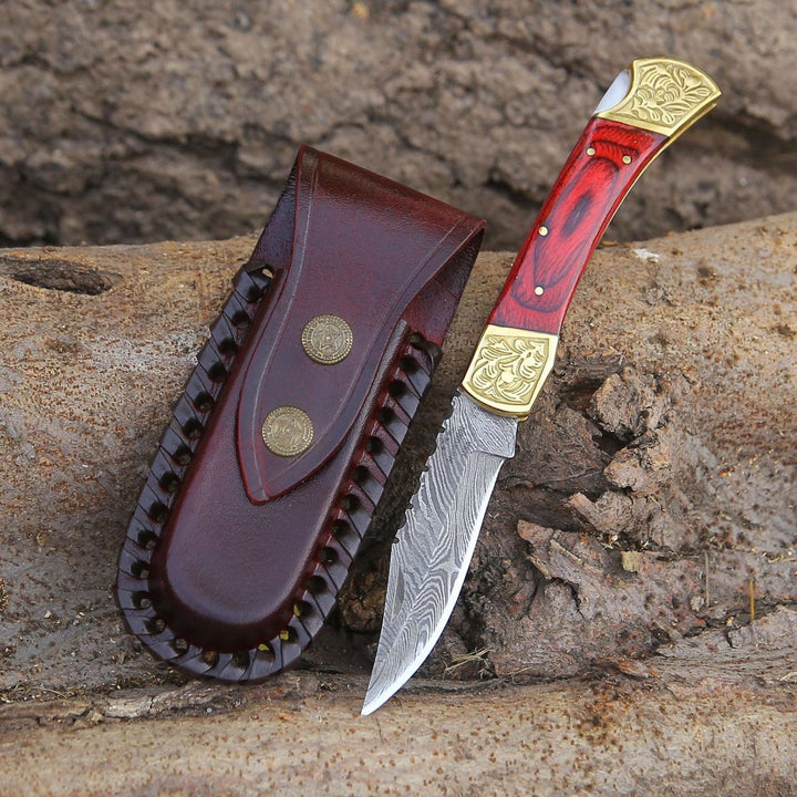 wooden pocket knife - Edgefire Handmade Damascus EDC Utility Folding Knife with Leather Sheath &amp; Pakka wood - Shokunin USA