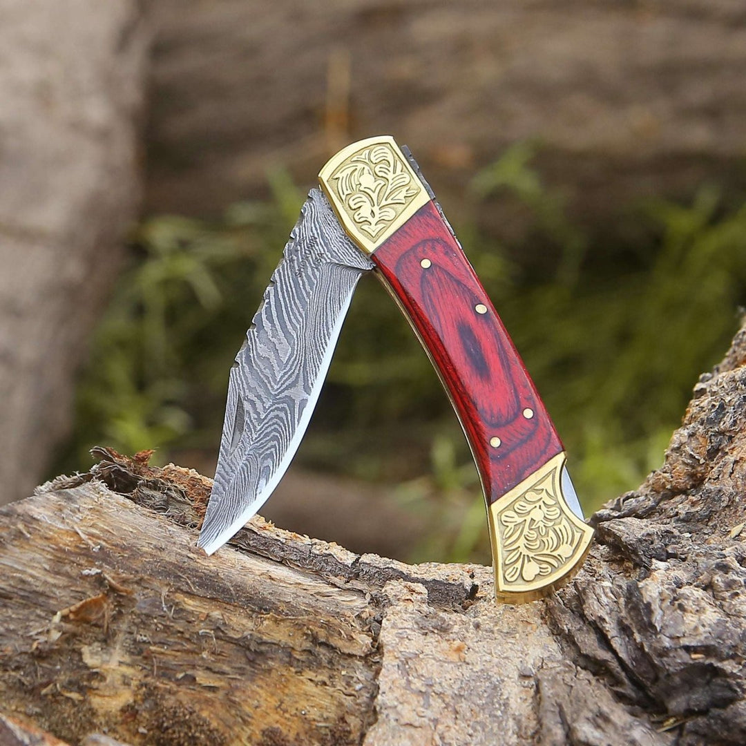 utility folding knives - Edgefire Handmade Damascus EDC Utility Folding Knife with Leather Sheath &amp; Pakka wood - Shokunin USA