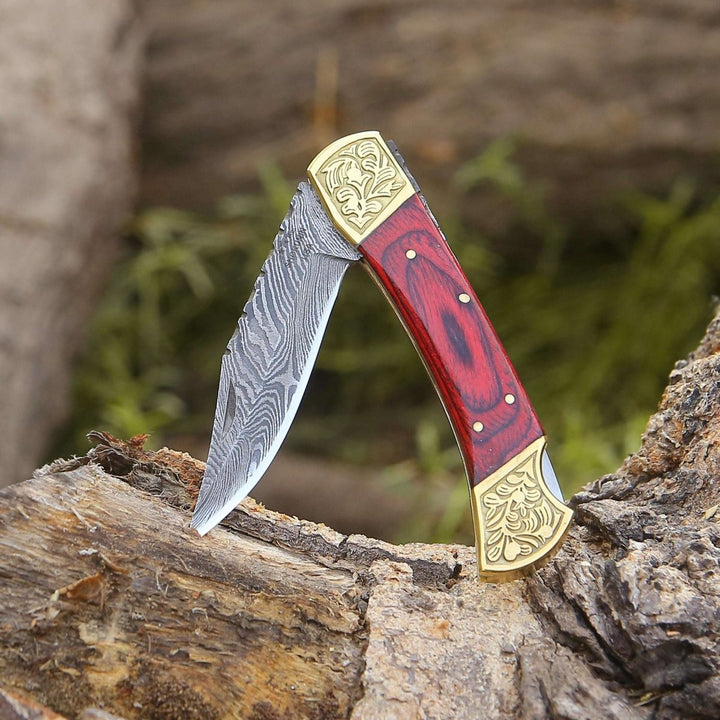 utility folding knives - Edgefire Handmade Damascus EDC Utility Folding Knife with Leather Sheath &amp; Pakka wood - Shokunin USA