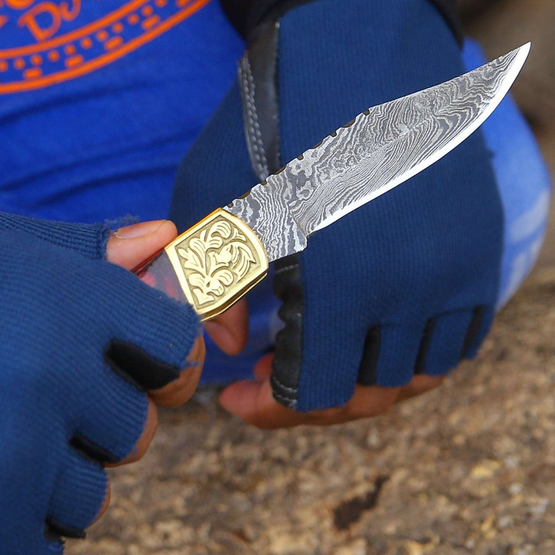 pocket knife wooden - Edgefire Handmade Damascus EDC Utility Folding Knife with Leather Sheath &amp; Pakka wood - Shokunin USA