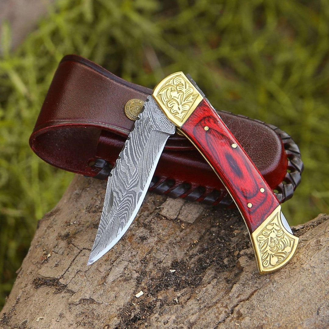 wood folding knife - Edgefire Handmade Damascus EDC Utility Folding Knife with Leather Sheath &amp; Pakka wood - Shokunin USA