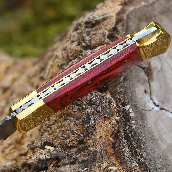 custom edc knife - Edgefire Handmade Damascus EDC Utility Folding Knife with Leather Sheath &amp; Pakka wood - Shokunin USA