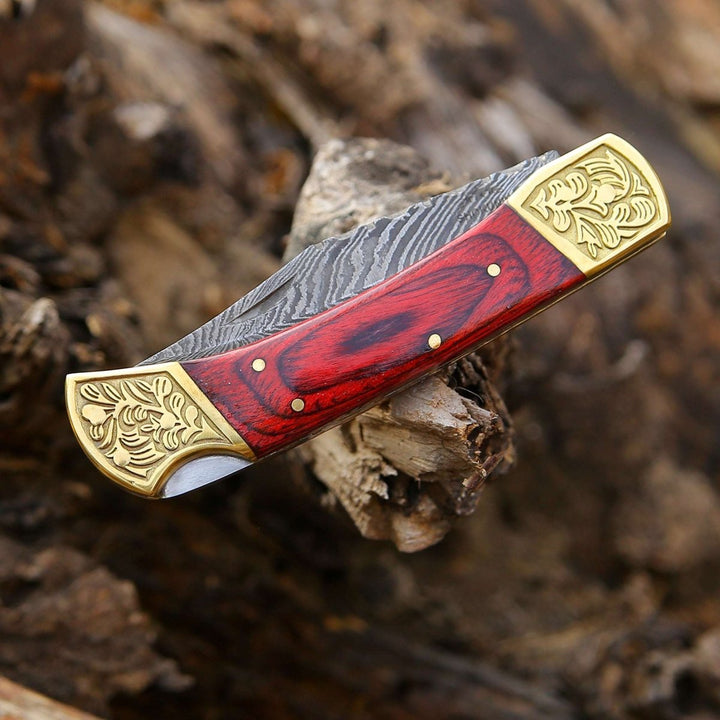 custom utility knife - Edgefire Handmade Damascus EDC Utility Folding Knife with Leather Sheath &amp; Pakka wood - Shokunin USA