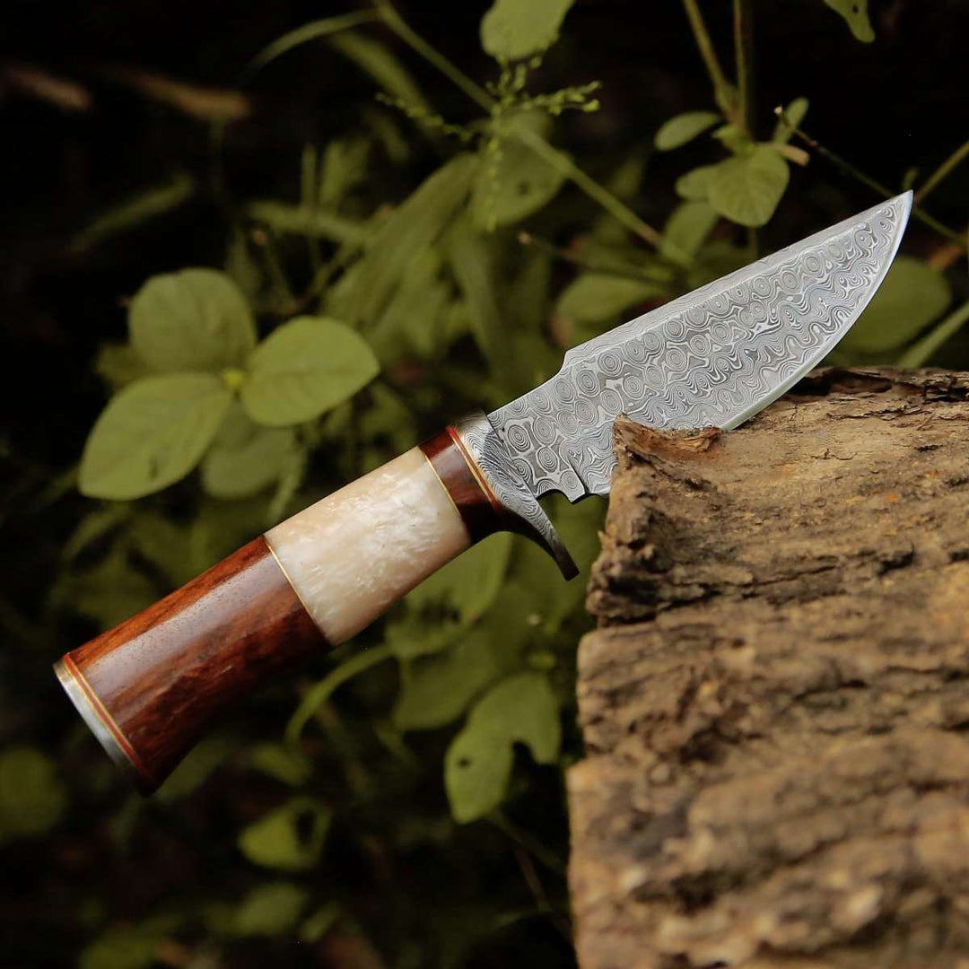 Elite Hunting Handle - Elite Damascus Hunting Knife with Mother of Pearl &amp; Rose Wood Handle - Shokunin USA