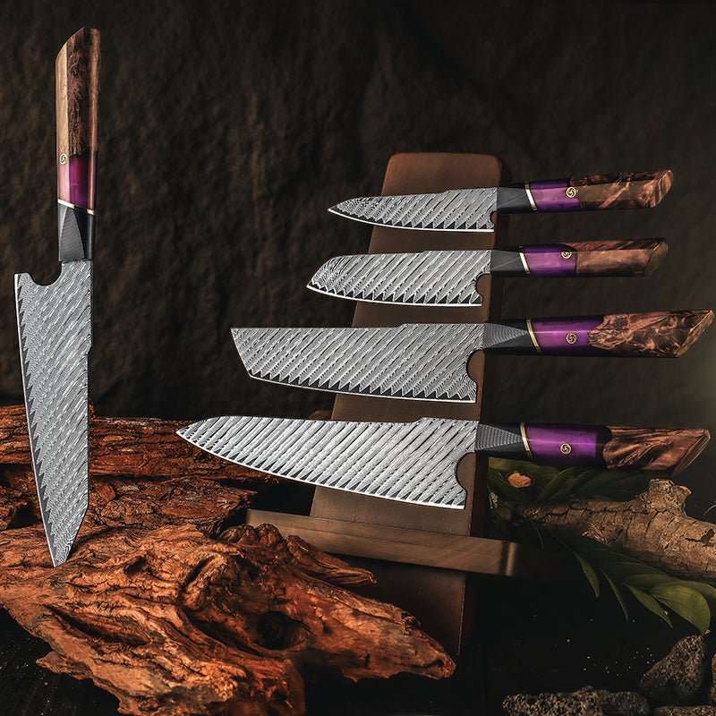 Elite Wood Handle - Elite Series VG10 Damascus Knife Set with Exotic Burl Wood Handle - Shokunin USA