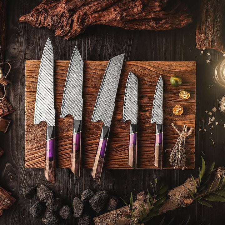 Elite Burl knife - Elite Series VG10 Damascus Knife Set with Exotic Burl Wood Handle - Shokunin USA