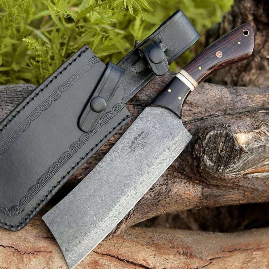 Ember Damascus Cleaver Knife with Bone & Exotic Wenge Wood Handle - Shokunin USA